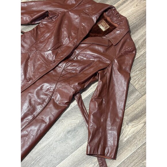 VINTAGE MAXI LEATHER JACKET BEALTED TRENCH COAT BROWN WOMENS SIZE 12 - Picture 2 of 14